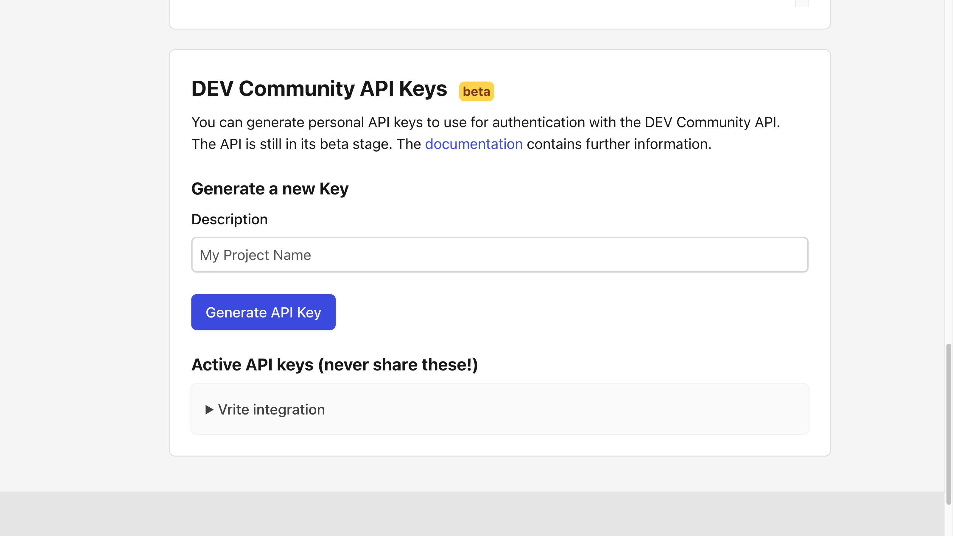 Generate API key in Dev.to