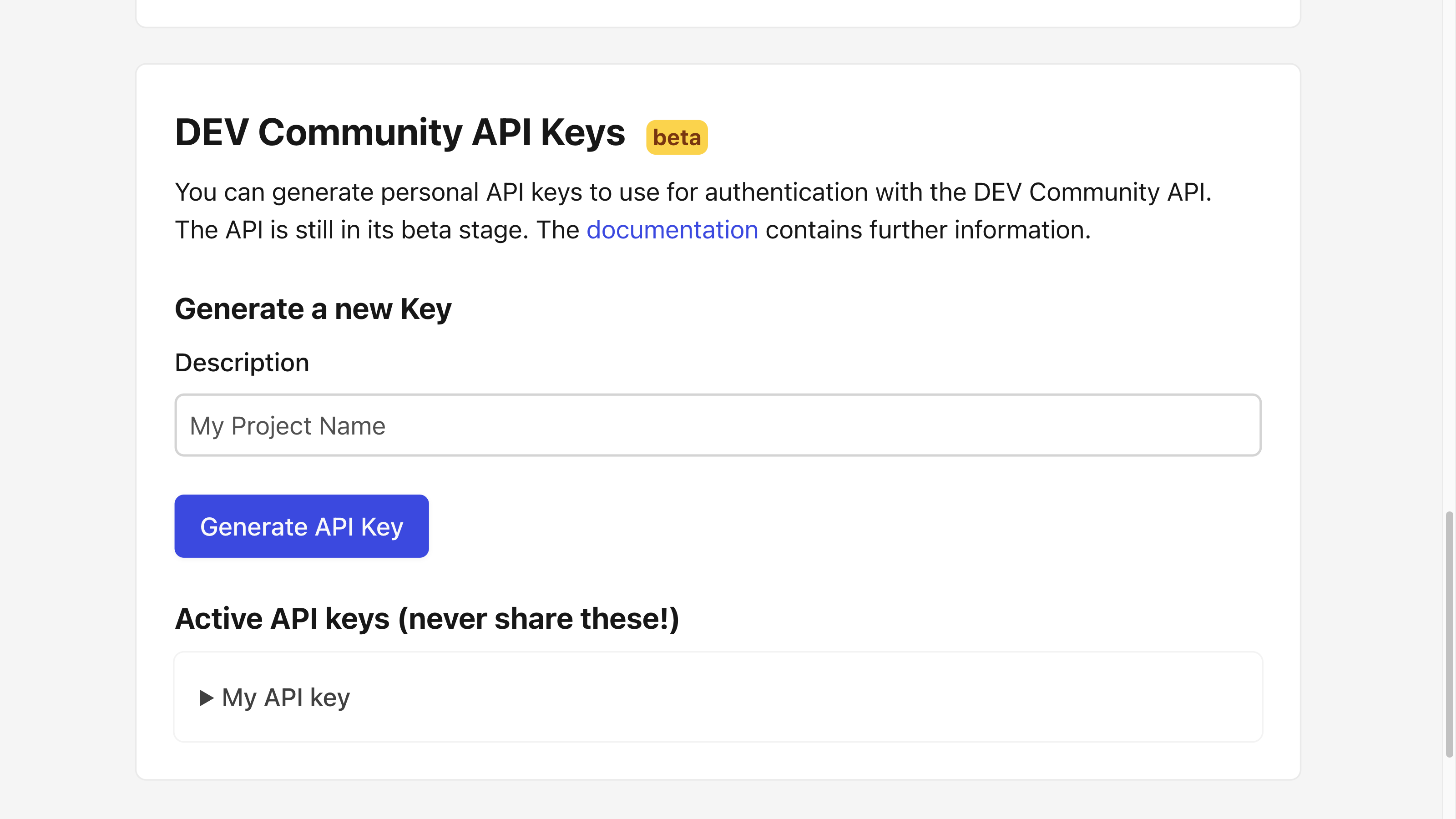 DEV Community API Keys section