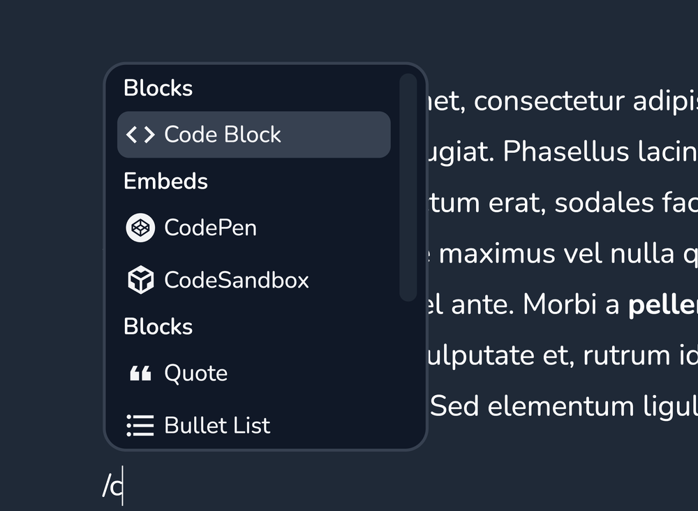 Block menu in Vrite editor