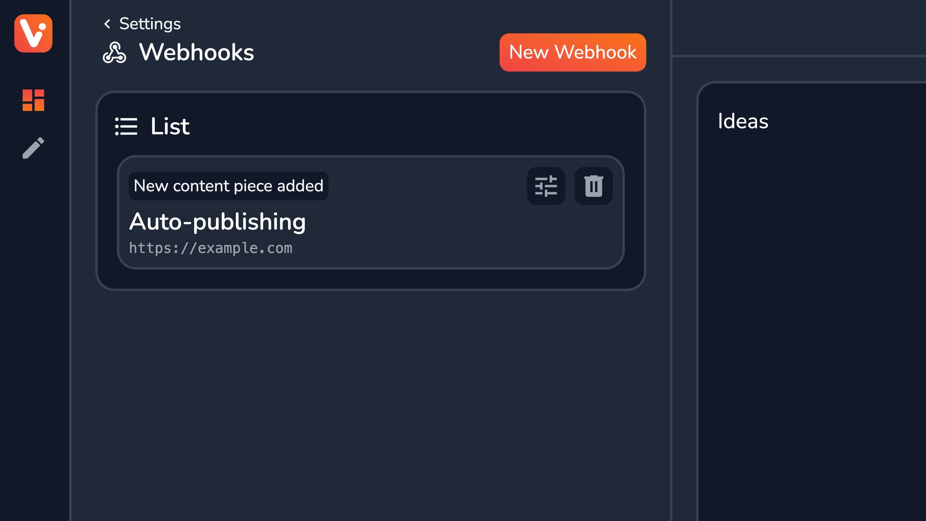 Webhooks settings section in Vrite