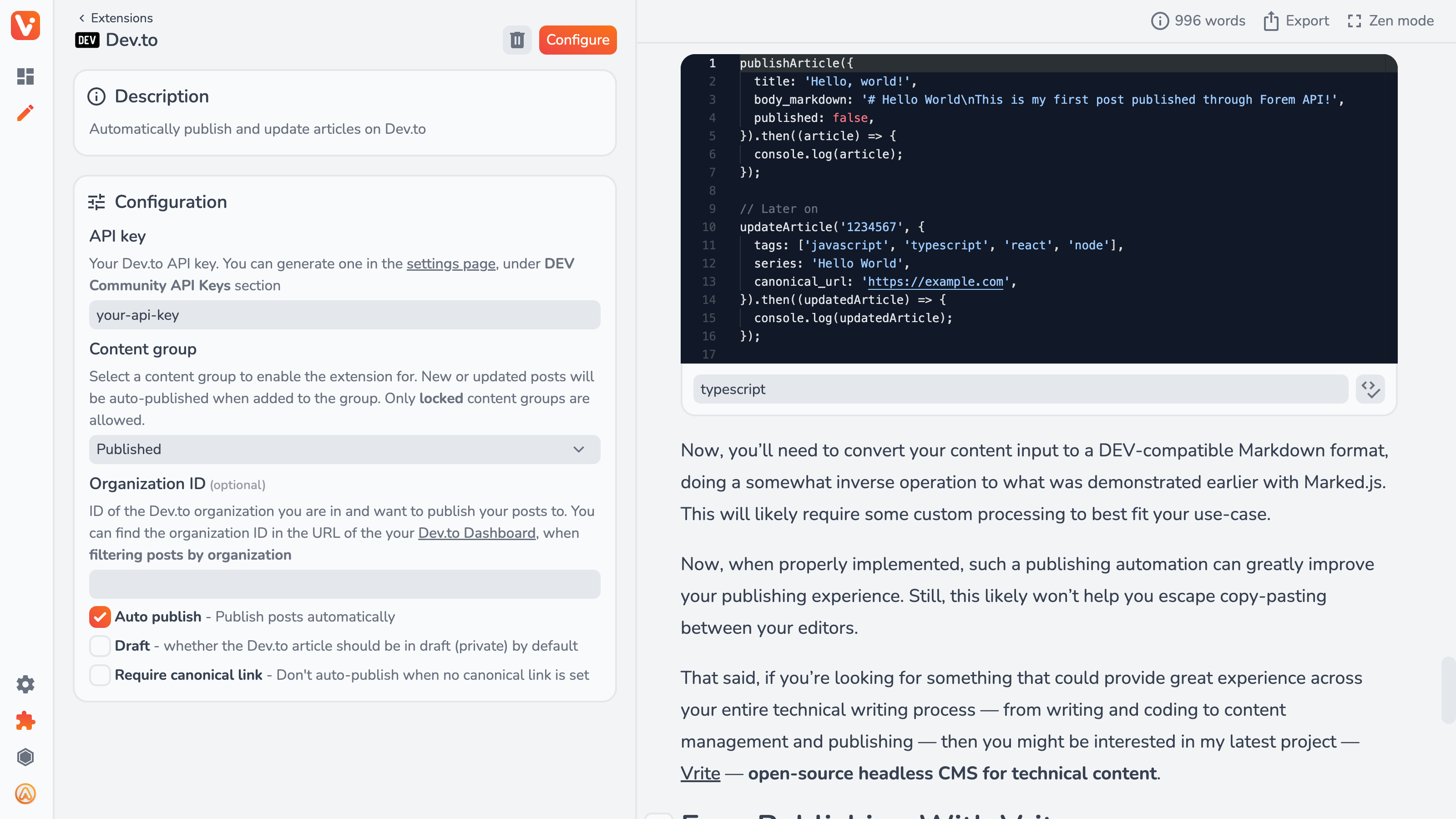 Configuring Dev.to extension