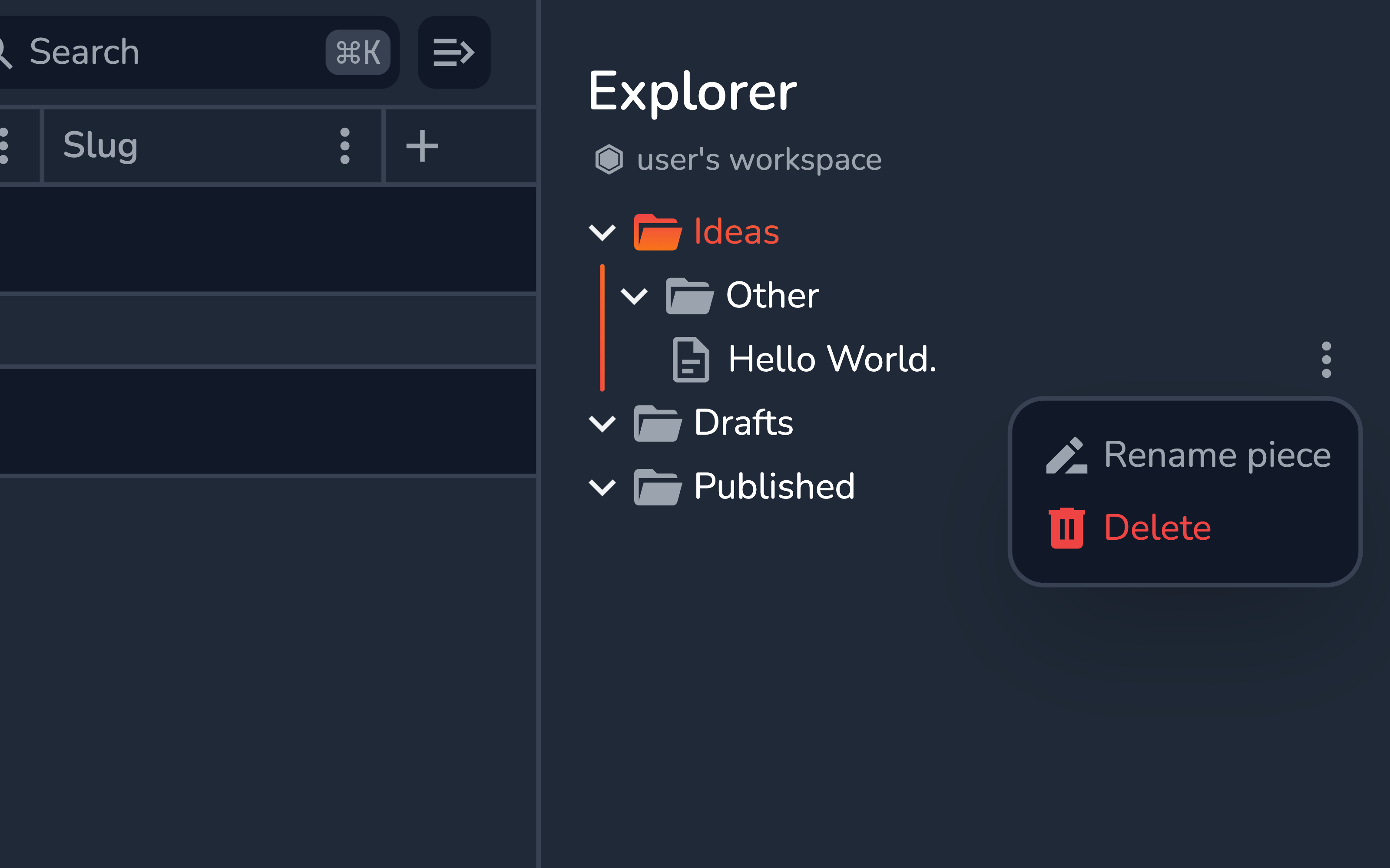 Vrite Explorer - content piece menu