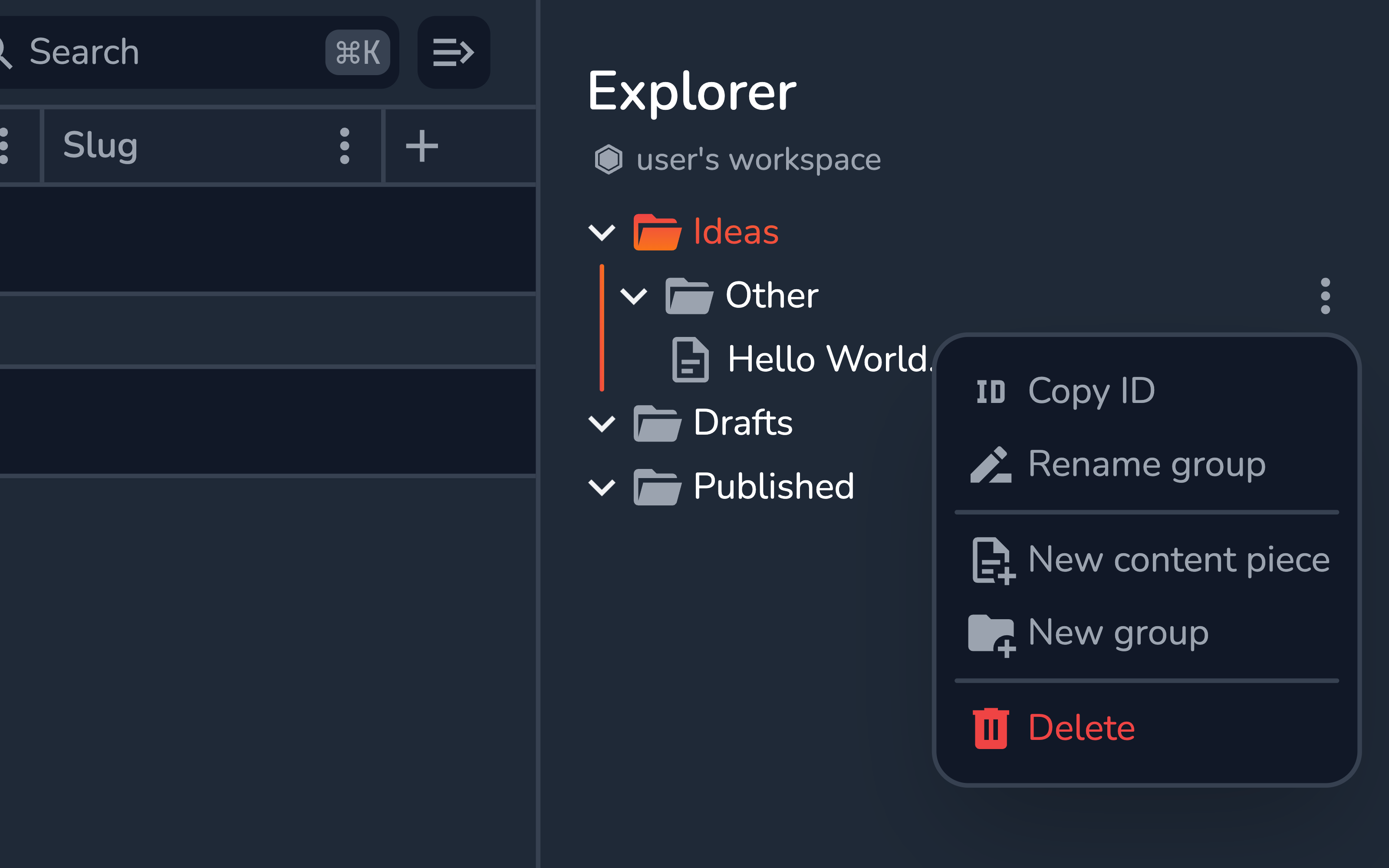 Vrite Explorer - content group menu