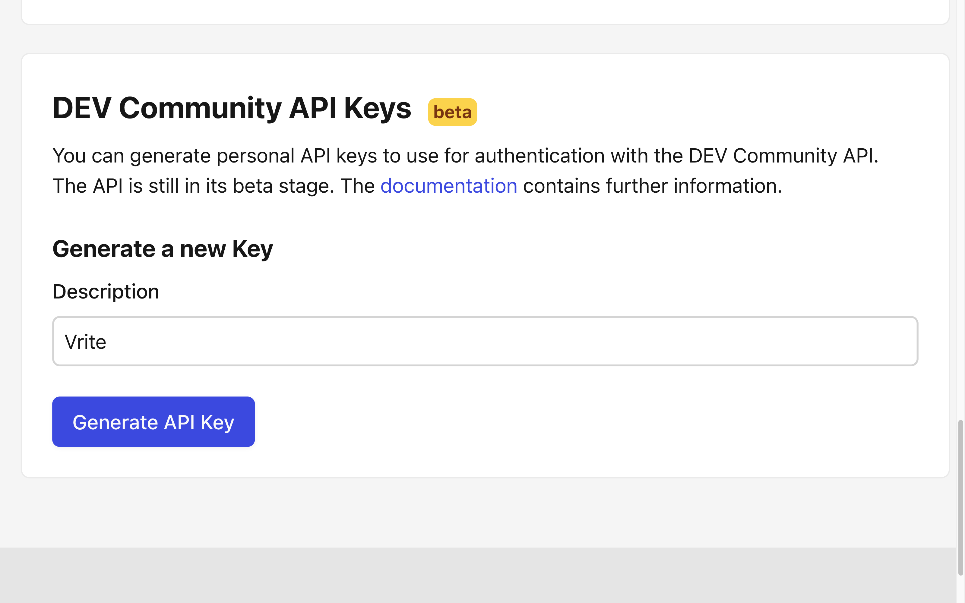 DEV API key generation