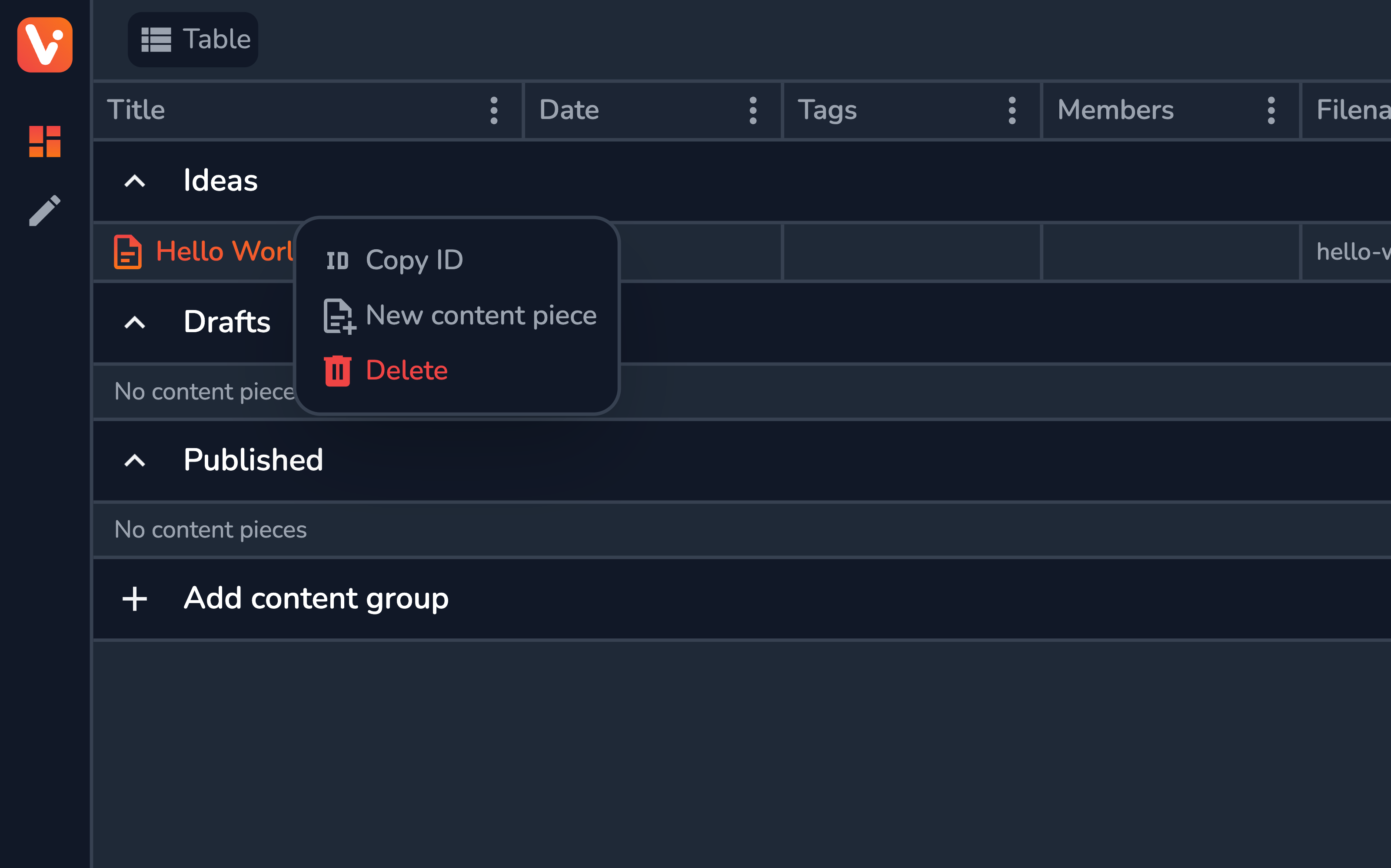 Content group menu in the table view
